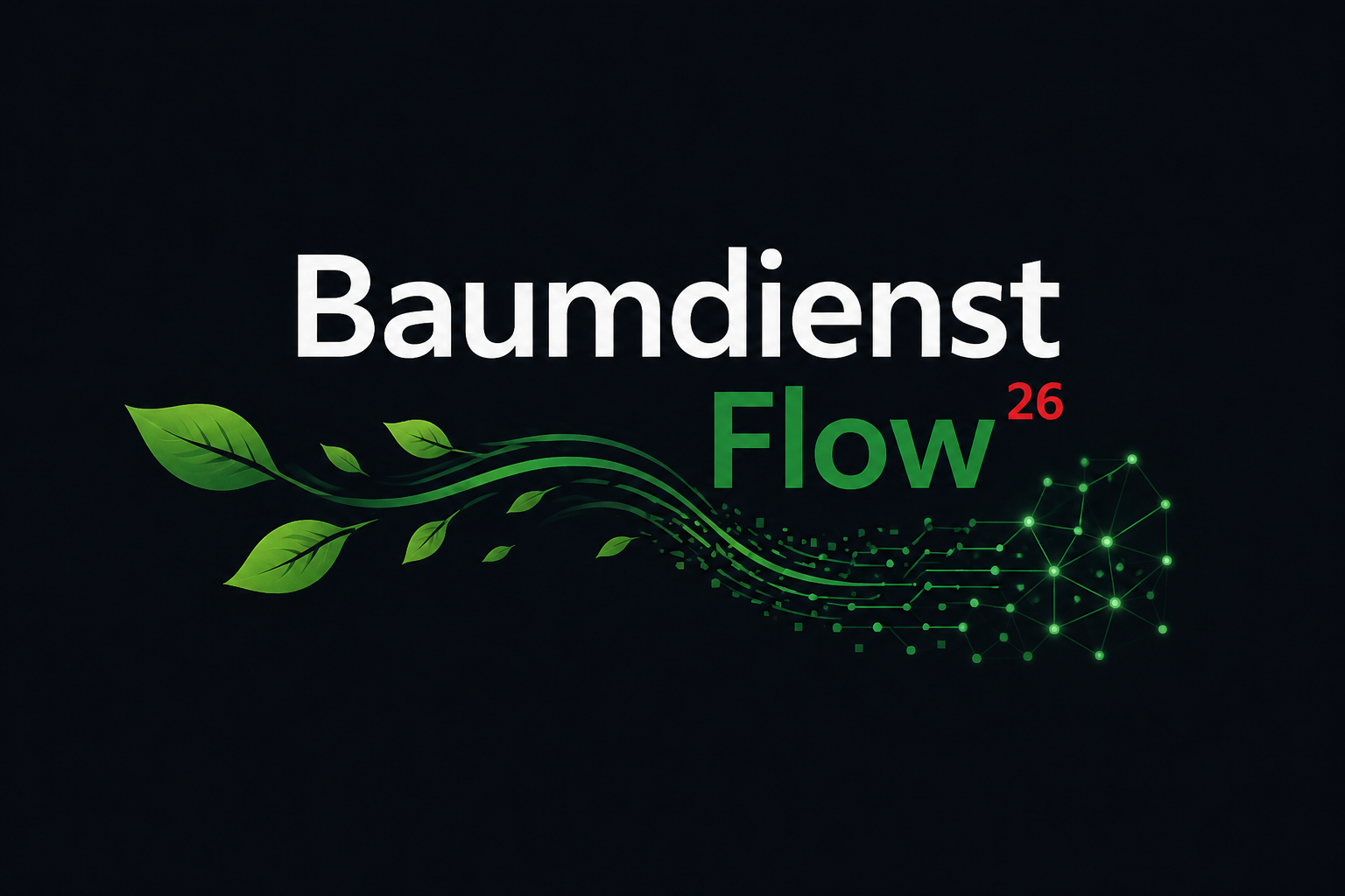 Originale BaumdienstFlow-Marke: grüne Blätter gehen in vernetzte digitale Strukturen über