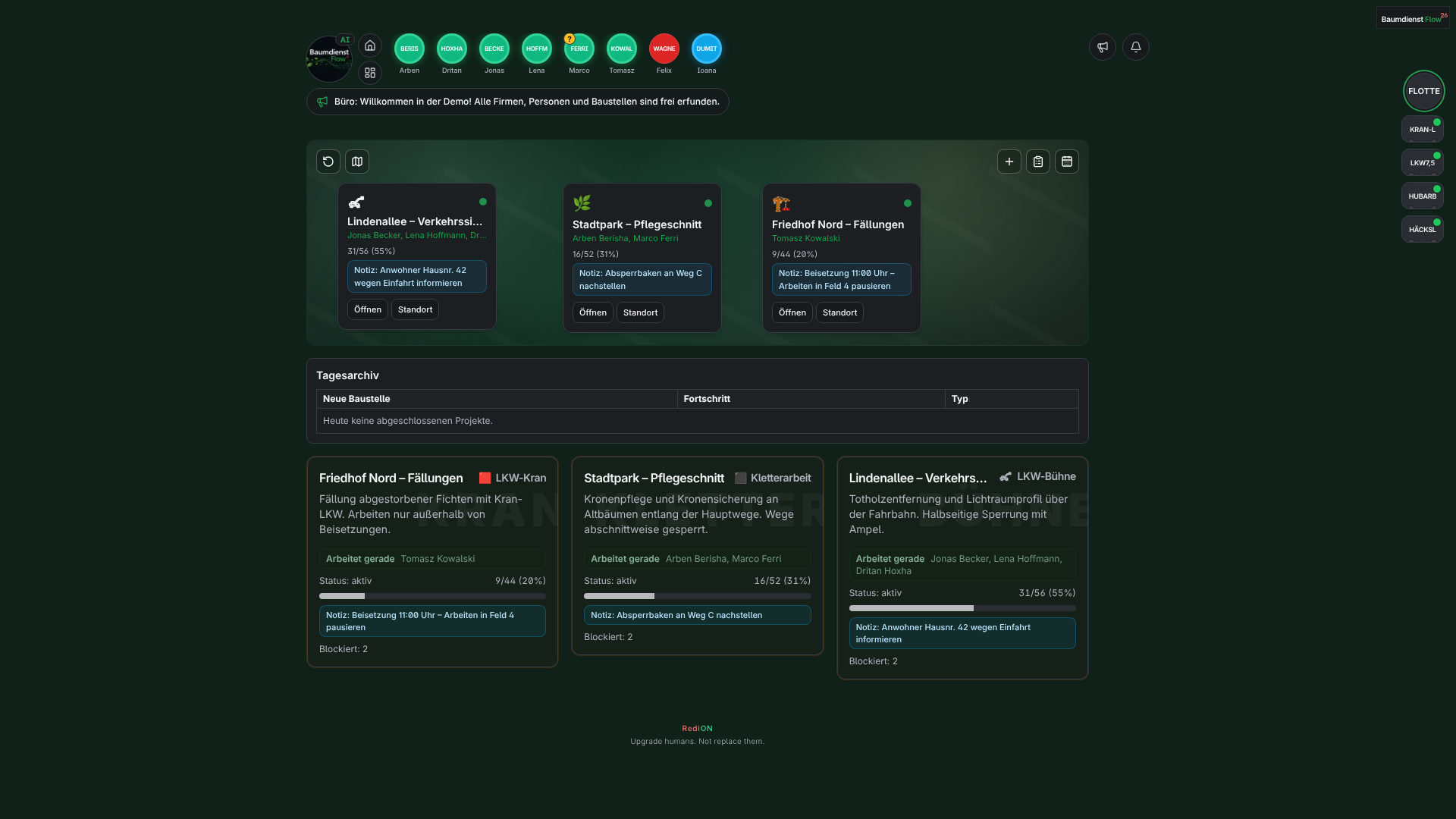 Originale BaumdienstFlow-Workzone mit Teams, drei Baustellen und Fuhrpark aus der Demo