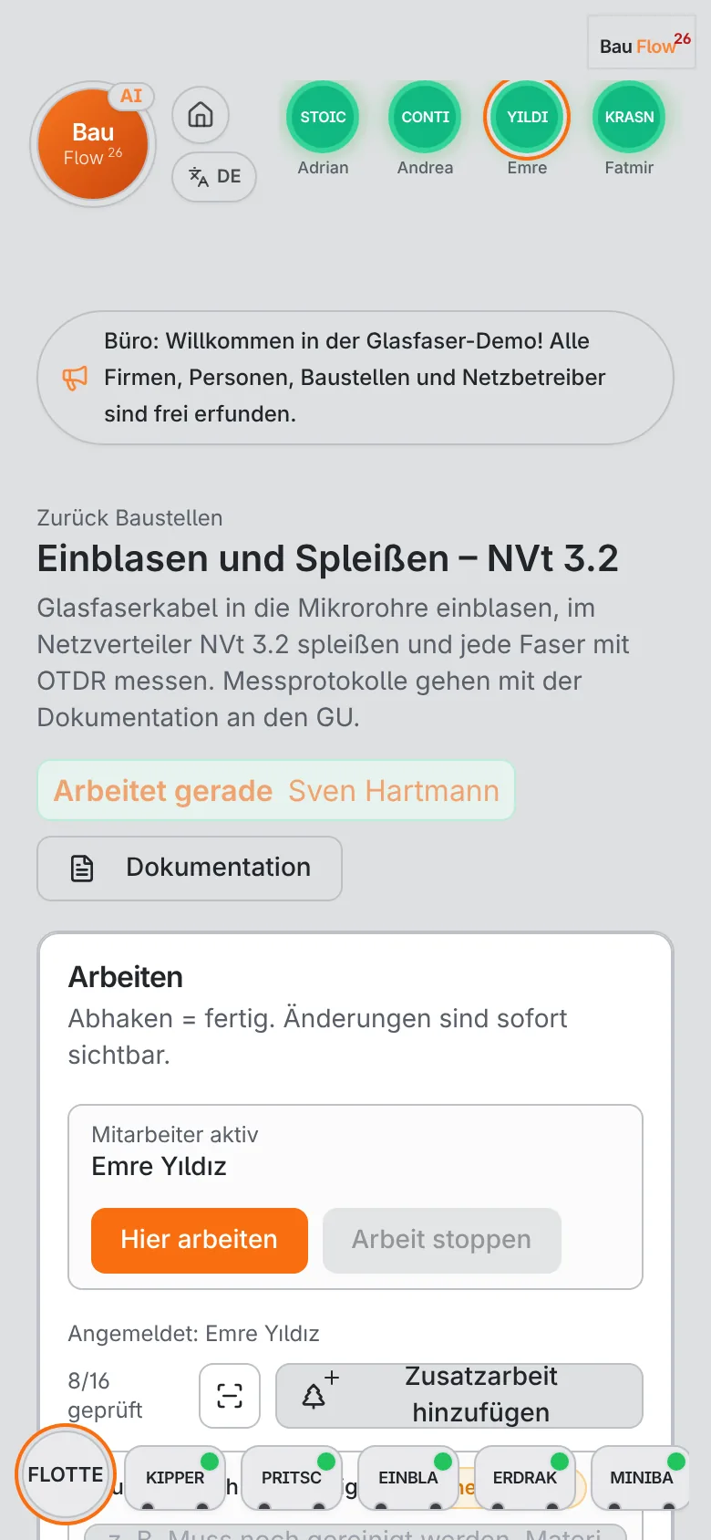 Originale mobile BauFlow-Baustelle mit Glasfaser-Arbeitsliste und Arbeitszeiterfassung